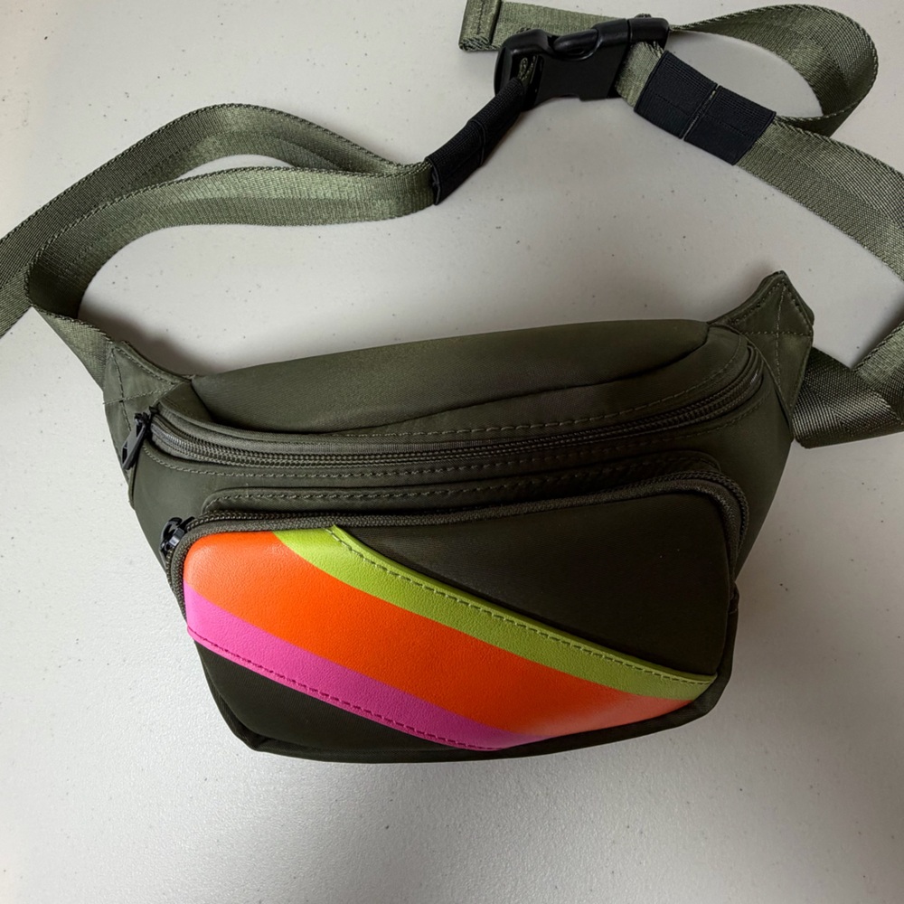 Bagging Rights Belt Bag - olive green with pink, orange, and chartreuse stripe. - Picture 2 of 7